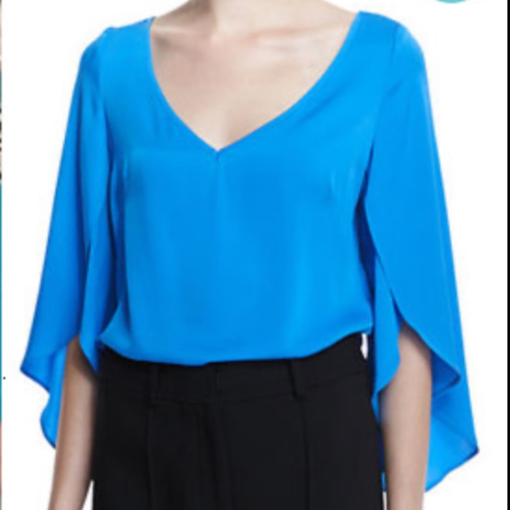 Milly Silk V Neck Butterfly Ruffle Flutter Tulip Sleeve Blouse Top Blue Size 10